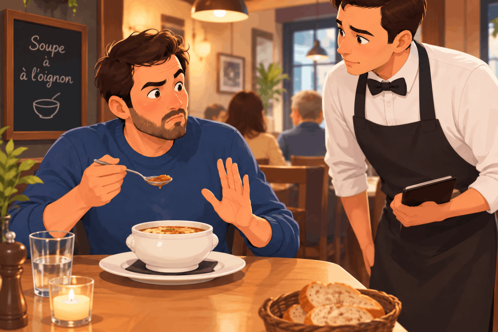 Image d'une personne qui fait un retour à un serveur tout en mangeant une soupe dans un restaurant