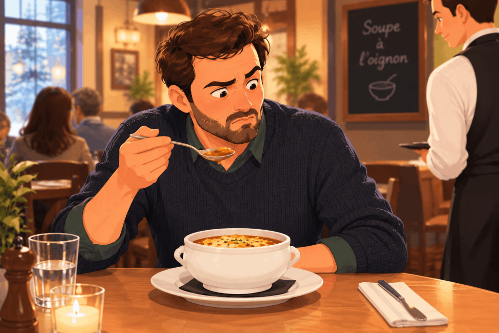 Image d'une personne qui mange une soupe trop salée